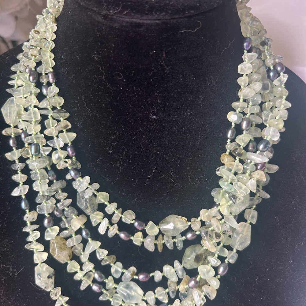 Multi-Strand Prehnite and Pearl Necklace - Pale Green